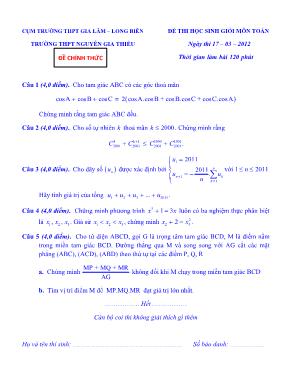 Đề thi học sinh giỏi môn Toán 12 - Trường THPT Nguyễn Gia Thiều